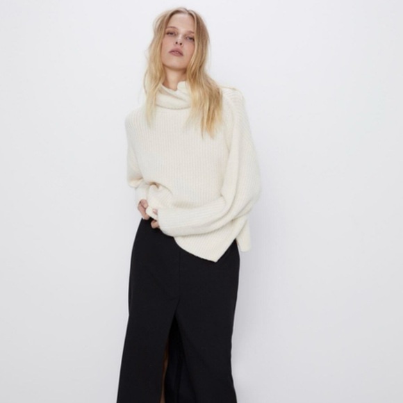 Zara Womens Cowl Neck Ribbed Knit Sweater Sz Large Cream Oversized Pullover - Picture 1 of 7